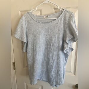 MaxStudio light blue and white pinstriped top with flouncy sleeves